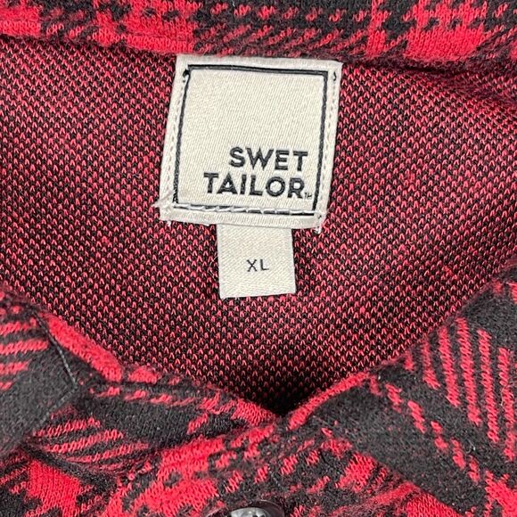 Swet Tailor Shirt Men XL Red Black Flannel Plaid Stretch Knit Collared Button-Up - Picture 6 of 12